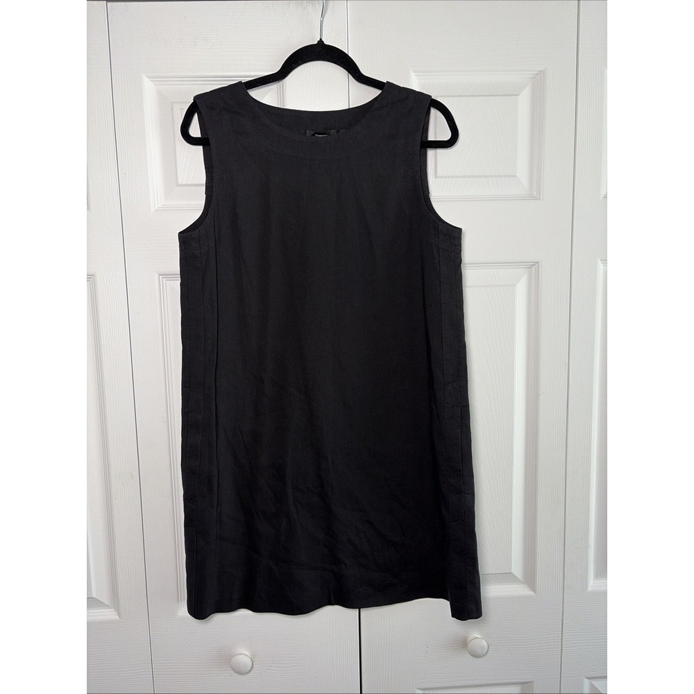 Theory Sleeveless Shift Dress Womens Size 10 Black Pockets Linen Blend Mini